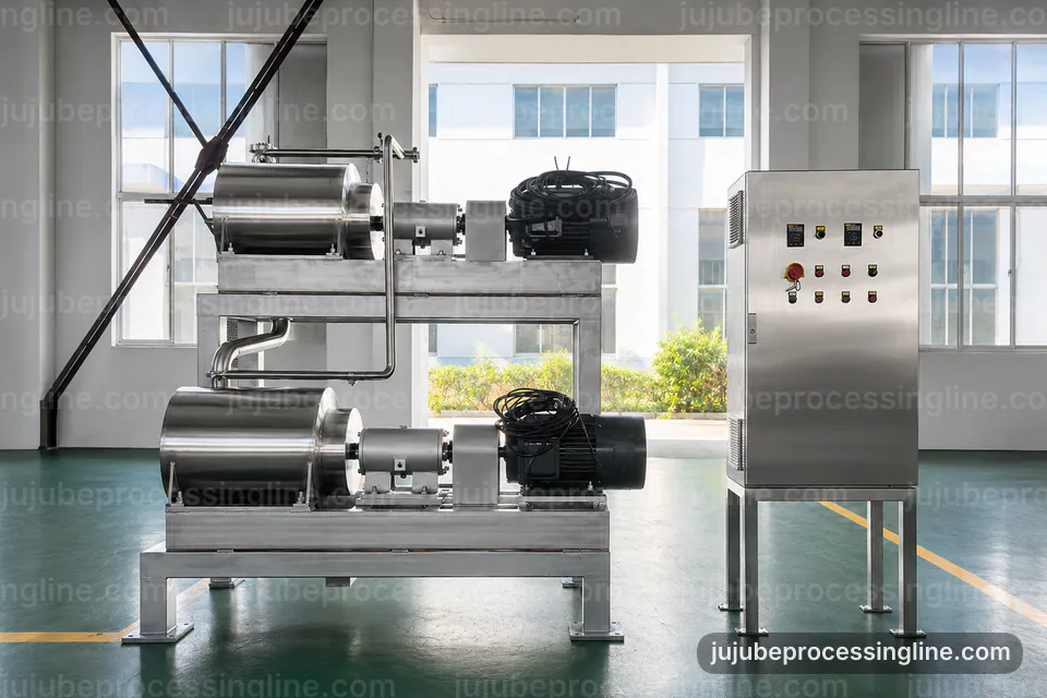 industrial jujube juice and paste line, configuration options: destoning followed by pulping section operating stage