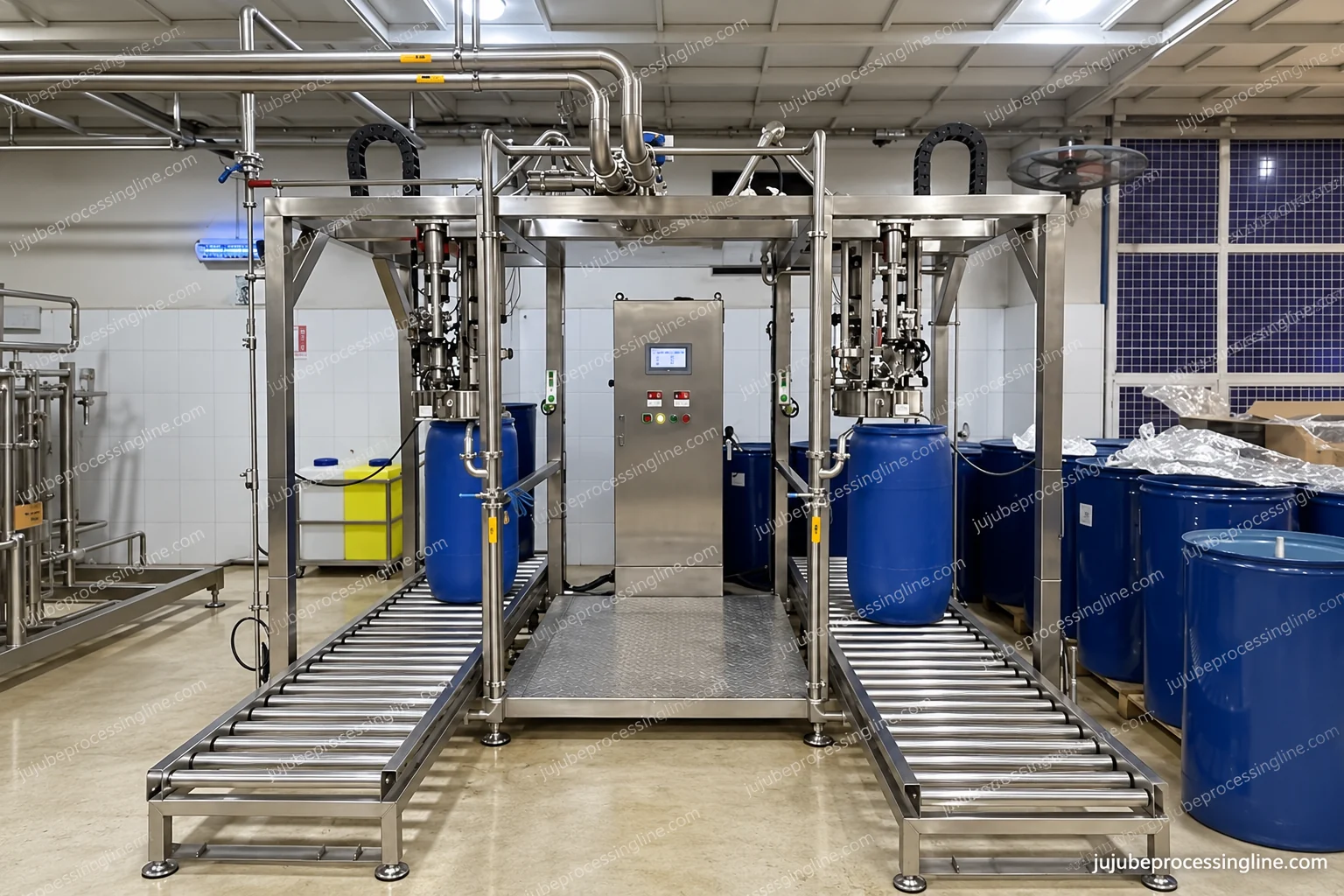 Two filling positions with drum roller lanes and a central operating panel.