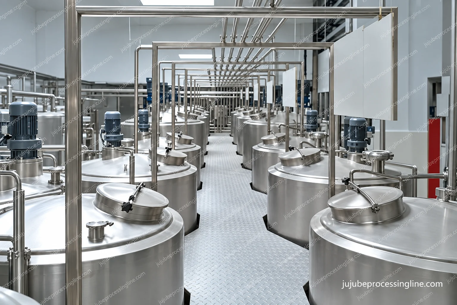 Tank row with top drives, covers, service walkway and common pipes.