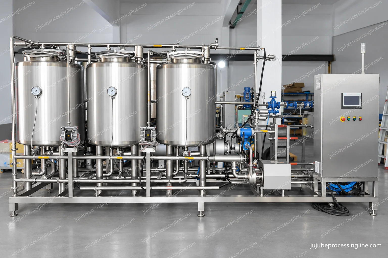 Three vessels, pumps, valve network and control cabinet on a common skid.