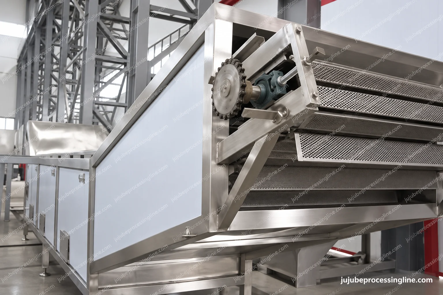 Mesh-belt end, drive and enclosed body of a continuous precooking equipment family.