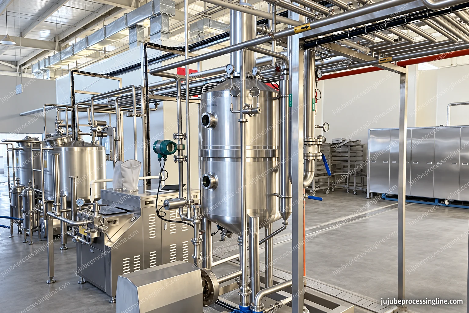 Vertical vessel with sight ports, connected pumps, pipework and instrumentation.