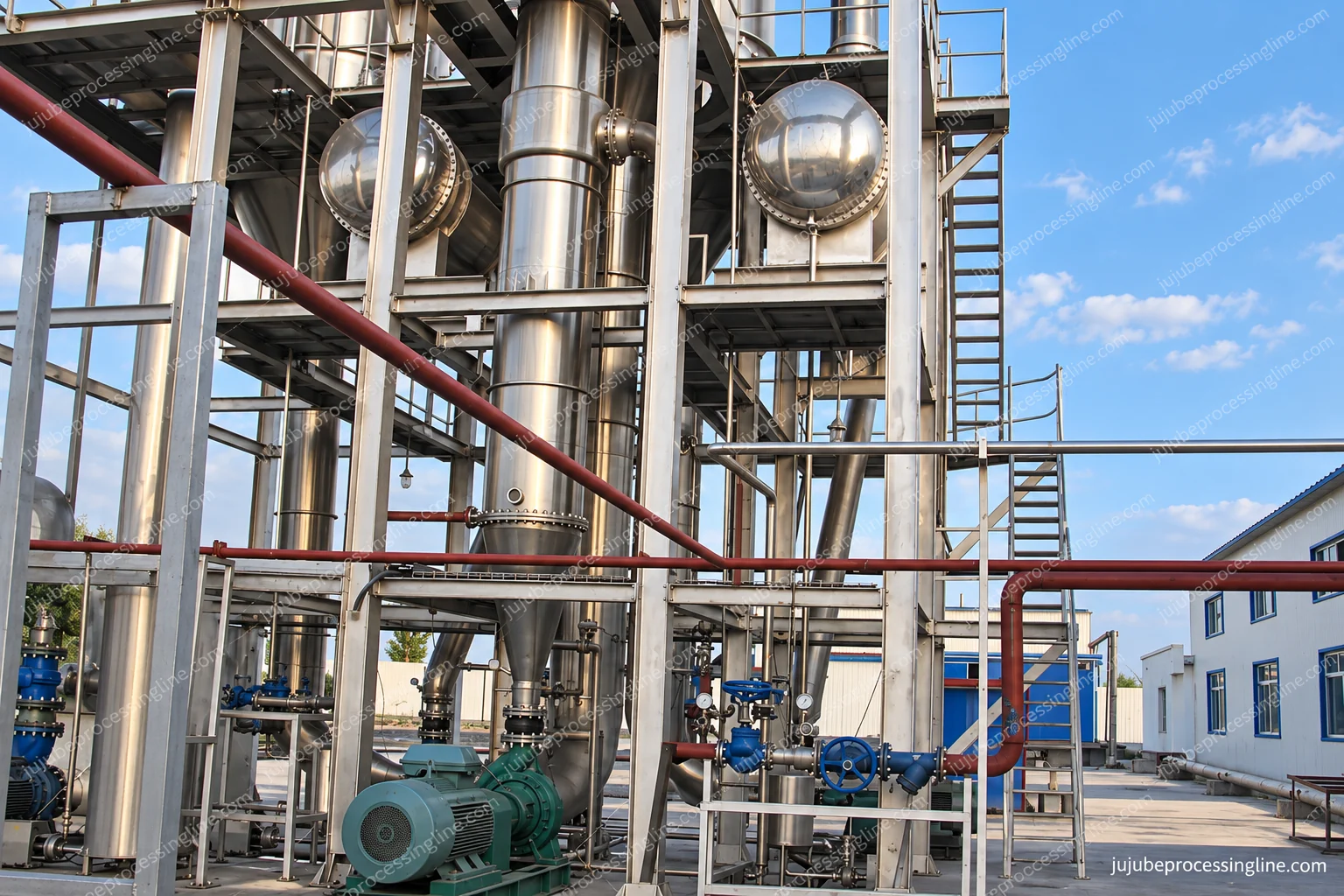 Part of an evaporation installation showing vessels, circulation equipment and access platforms.